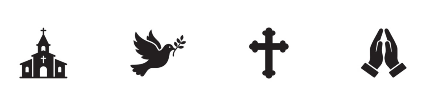 Religion and Spirituality Icon Set. Church, Holy Cross, Peace Dove, and Praying Hands Symbols. Vector Illustration.