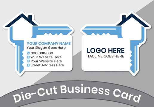 Real estate business card template with unique key shape die-cut design for realtor and property agency