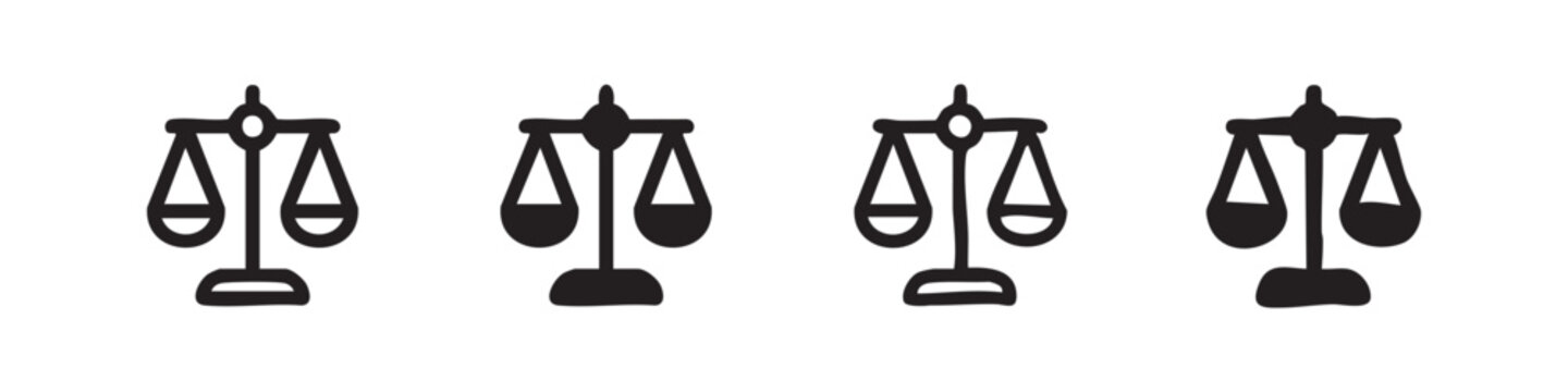 Scales of justice or balance icon set for law and equilibrium concepts, isolated on white background. Doodle and clean variations.