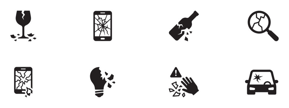 PrintBroken Glass and Damaged Objects Icon Set. Cracked Screen, Shattered Bottle, and Car Windshield Symbols. Vector Illustration.