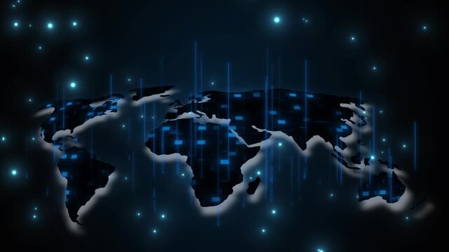 World map animation with blue data points. World map global network connectivity. World map technology graphic on black background.