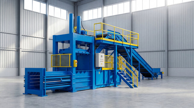 Large blue industrial recycling baler machine with conveyor belt system in a modern warehouse, perfect for waste management