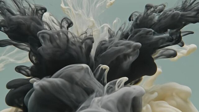 Abstract black and cream ink clouds swirling in water.