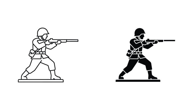 Soldier figure with rifle in action pose in outline and solid black silhouette graphic icons representing military and combat