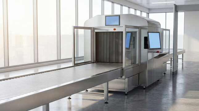 Modern X-ray security scanner and conveyor system at an empty airport checkpoint, ready for passenger baggage inspection