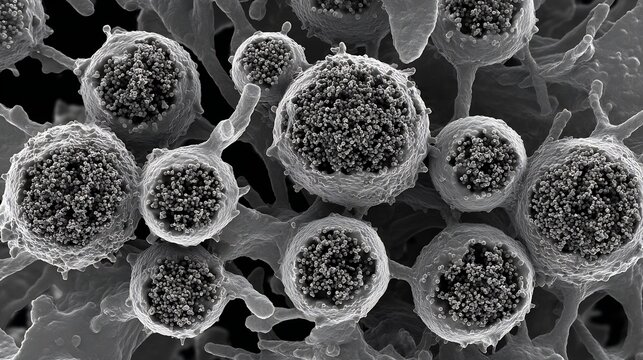 Electron microscopy of medullary thyroid carcinoma cells producing calcitonin neuroendocrine granules visible