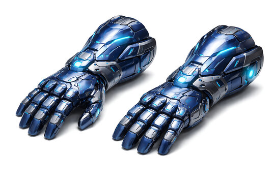 Futuristic Blue Metallic Robotic Gauntlets Pair Isolated On White Background