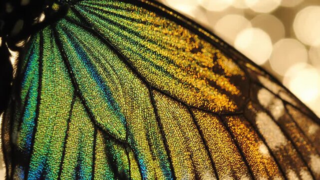 Immersive 4k cinematic extreme macro view of iridescent butterfly wings revealing stunning microscopic scales under soft golden studio lighting for high-end luxury beauty or