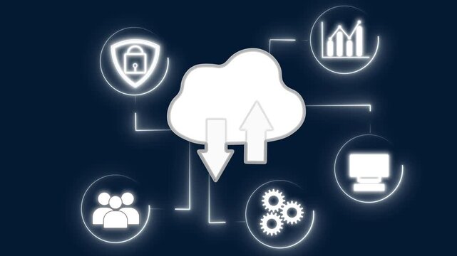 Cloud icon animation with technology icons. Cloud icon digital network communication. Cloud icon technology graphic on black background.