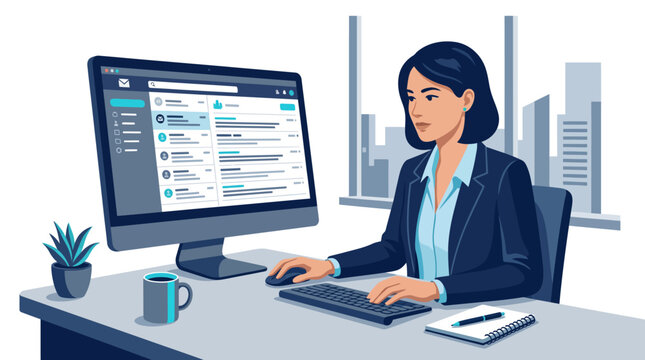 Businesswoman working on computer at desk in modern office illustration