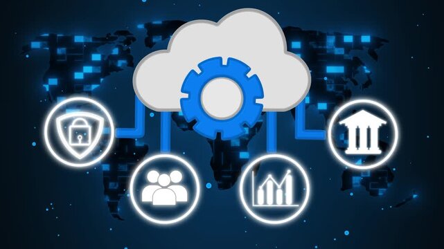 Cloud icon animation with security and business icons. Cloud icon digital data network. Cloud icon technology graphic on black background.