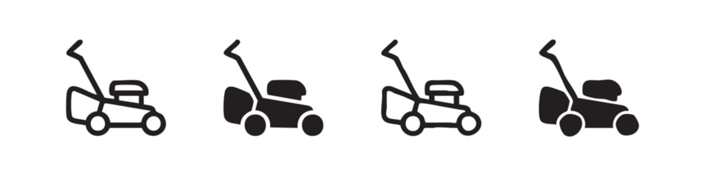 Lawn mower icon set, gardening equipment and grass cutting vector illustrations