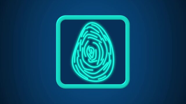 Fingerprint icon animation with blue neon glow. Fingerprint icon biometric security symbol. Fingerprint icon digital interface graphic on blue.