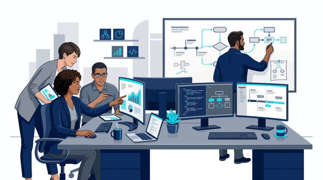 Diverse team of software developers and analysts collaborating in a modern office