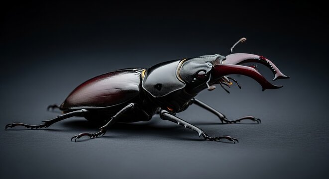 Glossy Black Stag Beetle Insect with Large Mandibles Isolated on Transparent Background