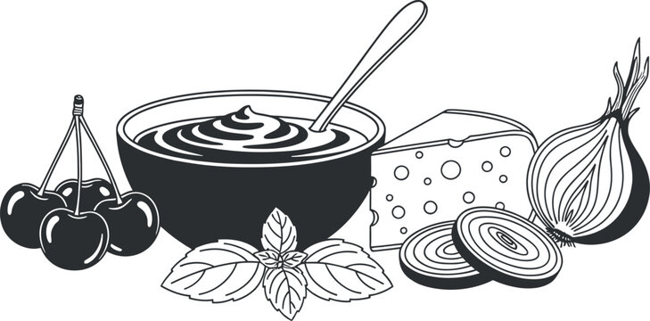 Black and white illustration of food ingredients