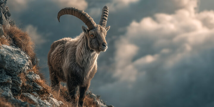 alpine ibex standing on a rocky ledge overlooking a deep valley filled with clouds