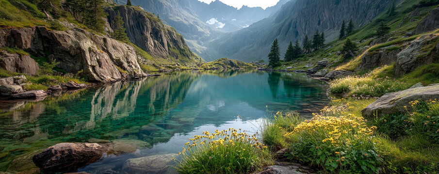 turquoise alpine lake reflecting glaciers and mountains in still water at dawn