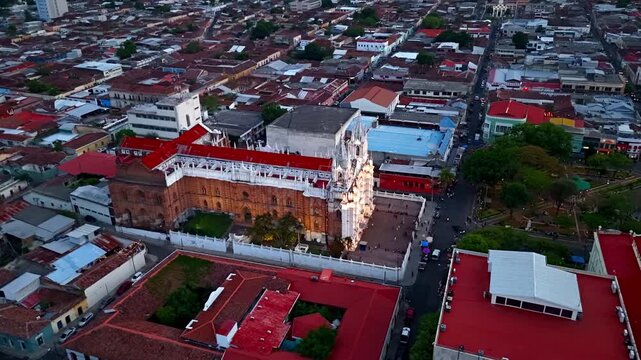 Timelapse view of Catedral de Nuestra Se&ntilde;ora de Santa Ana in Santa Ana, El Salvador. Overhead perspective reveals the cathedral&rsquo;s iconic cross-shaped layout as locals and tourists enter and exit