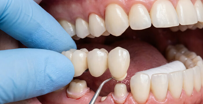 歯科医師が患者に白いセラミック製のブリッジを装着する様子/Dentist placing a white ceramic dental bridge on patient teeth