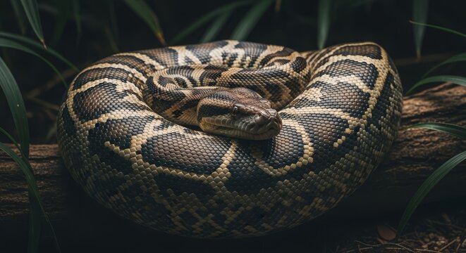 Intricately patterned python coiled with head resting on body, showcasing its majestic scales and natural camouflage in a dark, natural setting.