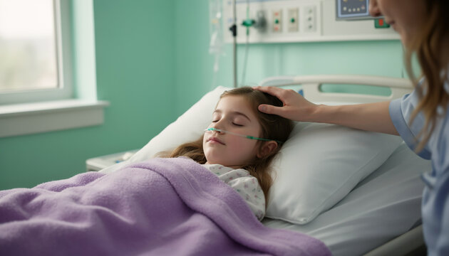 Caring nurse gently touching the head of a little sick girl sleeping comfortably in a hospital bed with an oxygen nasal cannula representing pediatric healthcare and medical recovery