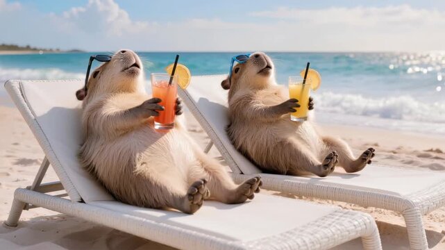 Two capybaras relaxing on beach loungers with cocktails and sunglasses by ocean, funny summer vacation scene and humorous concept
