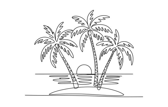 Palm tree sunset continuous one line art minimal outline vector icon.