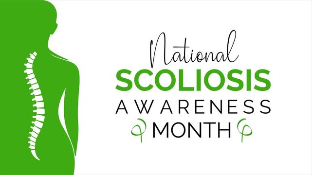 Scoliosis awareness animation featuring spine curvature inside human body silhouette, promoting early detection and medical understanding.  Green ribbon. 4k video animation.