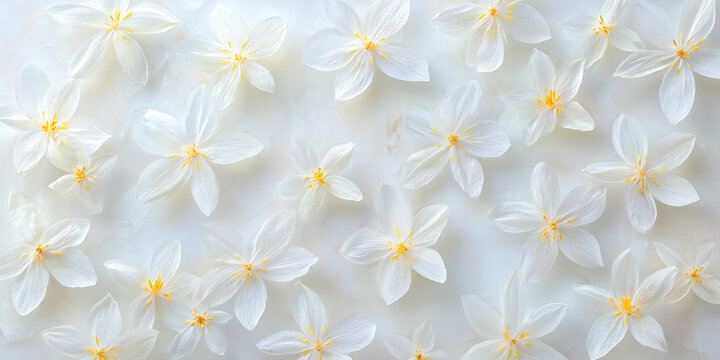 minimalist top view of pure white pressed jasmine and lily petals under a clean polished glass pane