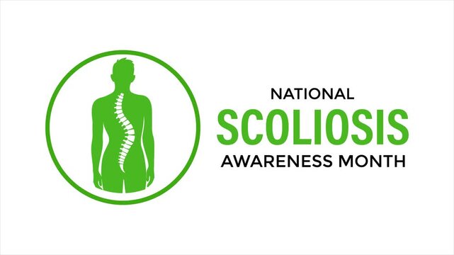 Scoliosis awareness animation featuring spine curvature inside human body silhouette, promoting early detection and medical understanding.  Green ribbon. 4k video animation.