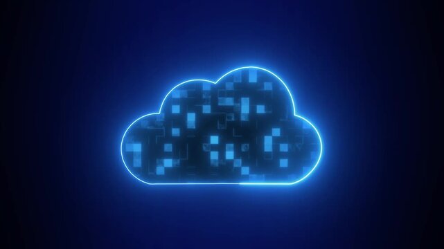 Cloud icon animation with blue neon pattern. Cloud icon digital data storage symbol. Cloud icon technology graphic on black background.