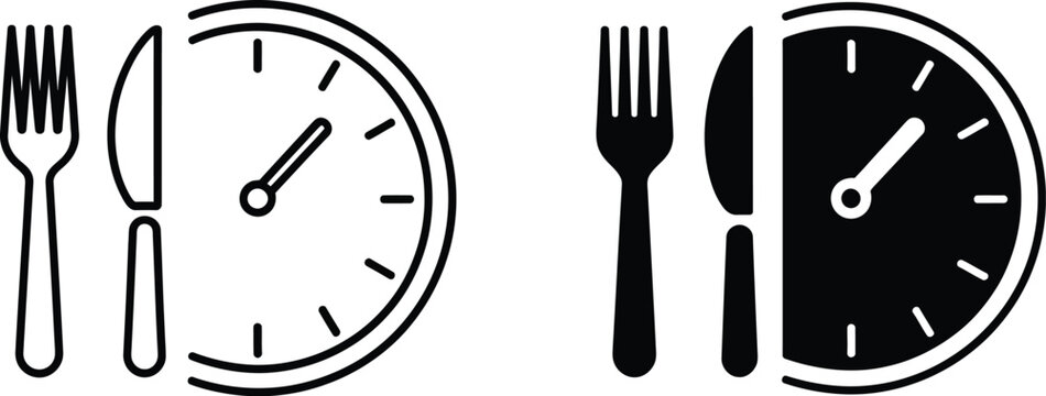 Food time icon, meal order clock sign, restaurant opening hours symbol, dining schedule and service timing indicator, hospitality and food service