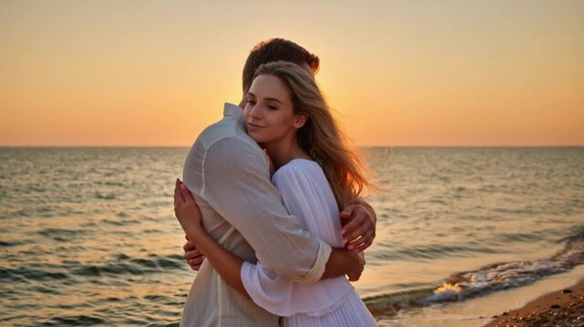 Romantic couple embracing on beach at sunset, intimate moment by sea with golden light, love and connection in peaceful seaside setting