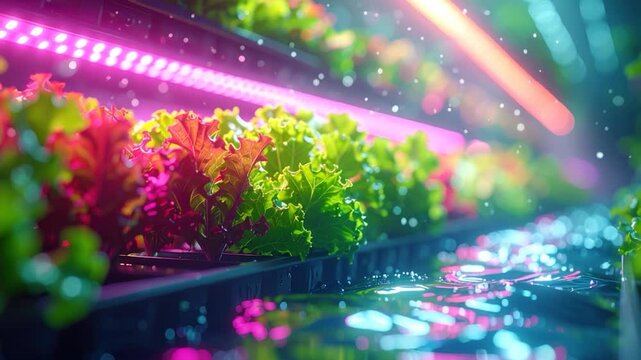 Illuminated hydroponic farming with vibrant greens under artificial lights