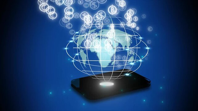 Smartphone animation with global network. Smartphone global finance and currency symbols. Smartphone digital money graphic on black background.