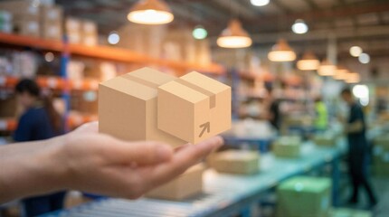 Fototapeta premium Woman holding holographic parcel crate above palm. Online store delivery logistics concept. Warehouse worker managing e-commerce shipment. Digital inventory management and order fulfillment.
