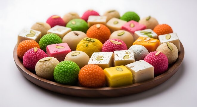 Assorted indian sweets displayed on a wooden plate