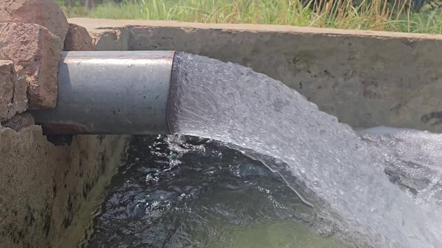 Agricultural water irrigation pipe, heavy flow of clean water pouring into concrete canal, rural farming irrigation system for crop cultivation