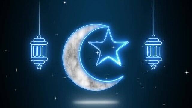 Crescent moon animation with neon lanterns. Crescent moon islamic star and light. Crescent moon religious holiday graphic on black.