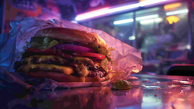 Double Cheeseburger in Neon Lights Late Night Street Food Mockup