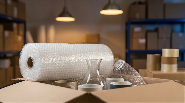 Bubble wrap roll used for packing ceramic mug and glass decanter inside carton box. E-commerce shipping and logistics preparation. Warehouse storage process for fragile item delivery.