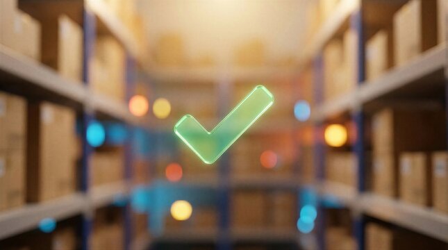 Green check mark symbol floating over blurred warehouse shelves. Concept of order fulfillment, shipping confirmation, quality control and successful inventory management in logistics.