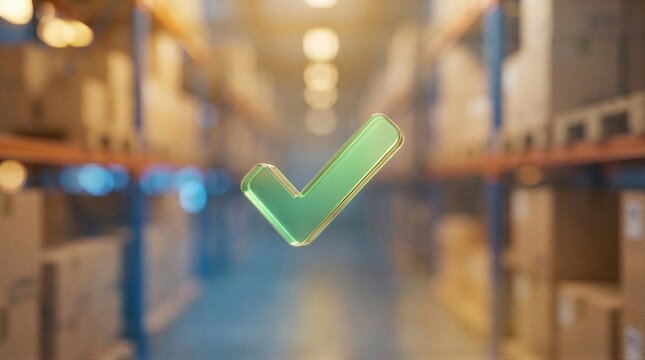 Green check mark floating in warehouse. Successful logistics, parcel delivery and order fulfillment concept. Digital approval symbol for shipment status, supply chain and e-commerce.