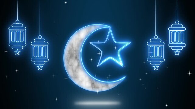 Crescent moon animation with neon lanterns. Crescent moon islamic star and light. Crescent moon religious holiday graphic on black.