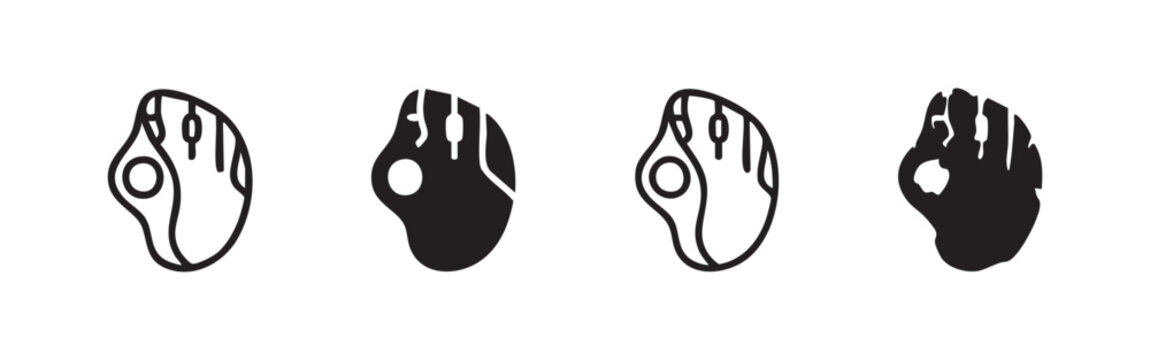 Ergonomic computer mouse or trackball icon set. Black outline and solid fill vector illustration on white background.