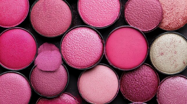 A vibrant close-up showcases a makeup palette with pans filled with various shades of pink, and one gold, creating an eye-catching arrangement.