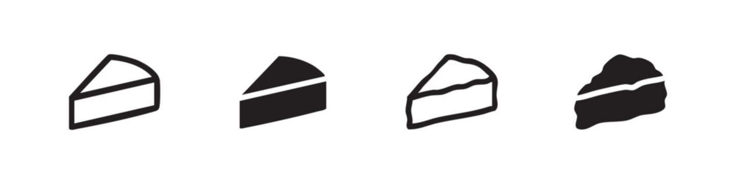 Slice of cake or pie icon set. Black outline and solid fill vector illustration on white background.