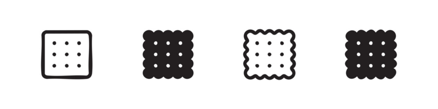 Cracker or biscuit icon set. Black outline and solid fill vector illustration on white background.