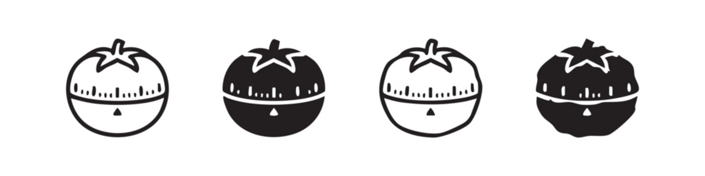 Tomato kitchen timer icon set. Black outline and solid fill vector illustration on white background.